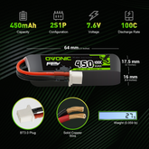 Lot de 4 batteries Lipo OVONIC 2S 450 mAh 2S1P 100 C 7,6 V LiHV avec prise BT3.0 pour drone quadricoptère sans balais Tinywhoop 2S